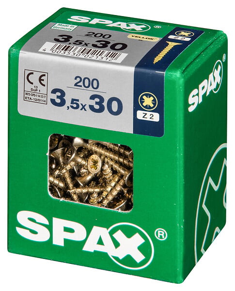 SPAXFRANCE - Vis à bois en acier - Tête fraisée PZ - Yellox - 200 pièces - Diam.3,5xH.30mm - large