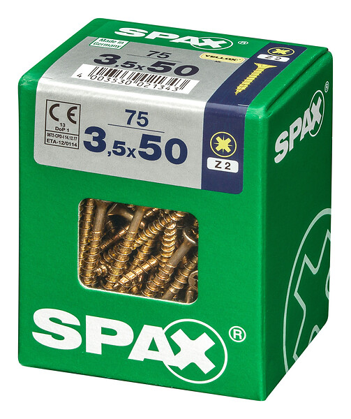 SPAXFRANCE - Vis à bois SPAX - Tête fraisée PZ - Yellox - 75 pièces - Diam.3,5xH.50mm - large
