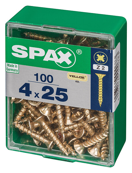 SPAXFRANCE - Vis à bois universelles Yellox - Tête fraisée PZ - 100 pièces - Diam.4xH.25mm - large