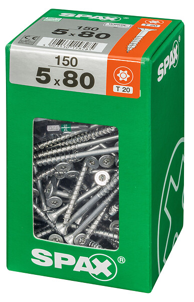 SPAXFRANCE - Vis universelle SPAX Wirox - Tête fraisée TX - en acier - 150 pièces - Diam.5xH.80mm - large