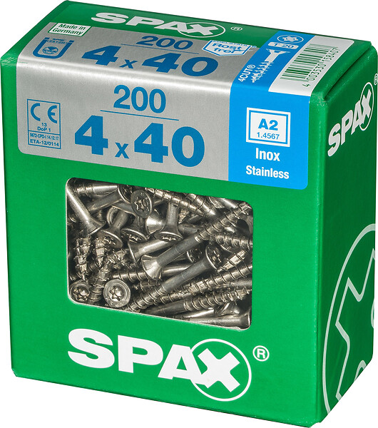 SPAXFRANCE - Vis à bois en inox A2 - Tête fraisée - 200 pièces - Diam.4xH.40mm - large
