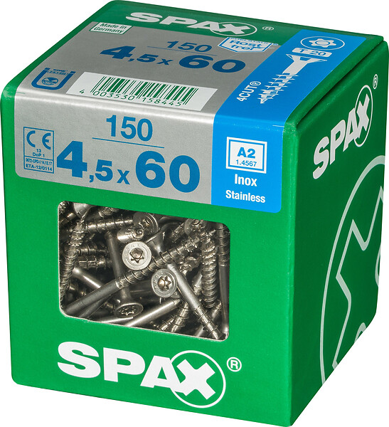 SPAXFRANCE - Vis à bois en inox A2 - Tête fraisée - 150 pièces - Diam.4,5xH.60mm - large