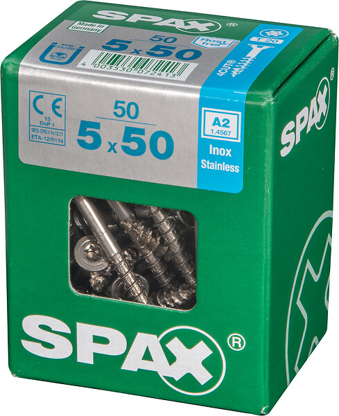 SPAXFRANCE - Vis à bois en inox A2 - 50 pièces - Diam.5xH.50mm - large