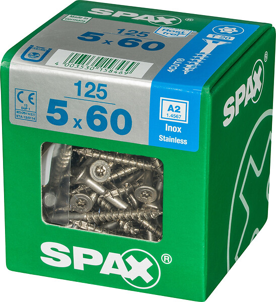 SPAXFRANCE - Vis à bois en inox A2 - Tête fraisée - 125 pièces - Diam.5xH.60mm - large