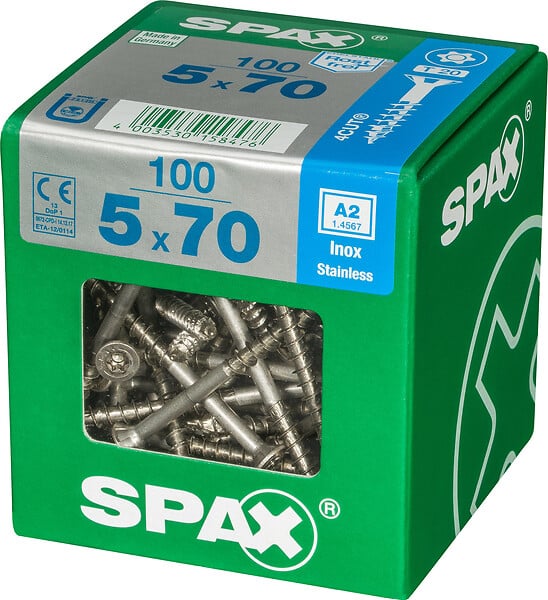 SPAXFRANCE - Vis à bois en inox A2 - 100 pièces - Diam.5xH.70mm - large