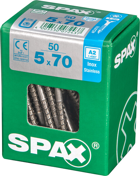 SPAXFRANCE - Vis à bois en inox A2 - Tête fraisée - 50 pièces - Diam.5xH.70mm - large