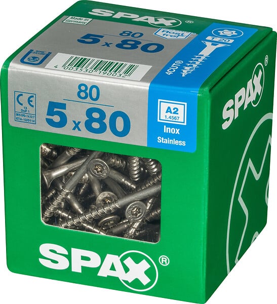 SPAXFRANCE - Vis à bois en inox A2 - 80 pièces - Diam.5xH.80mm - large