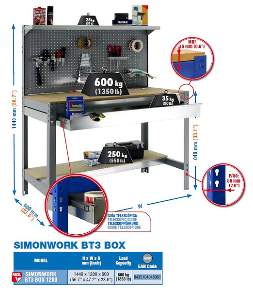 SIMON RACK - SimonRack - Kit Etabli 1440x1200x600mm Charge 600Kg -  SIMONWORK BT3 BOX 1200 GRIS/BOIS SIMONRACK - large