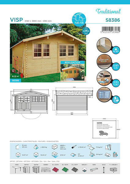 SOLID - Abri de jardin bois Visp - Bois naturel - L.418xl.388cm - large