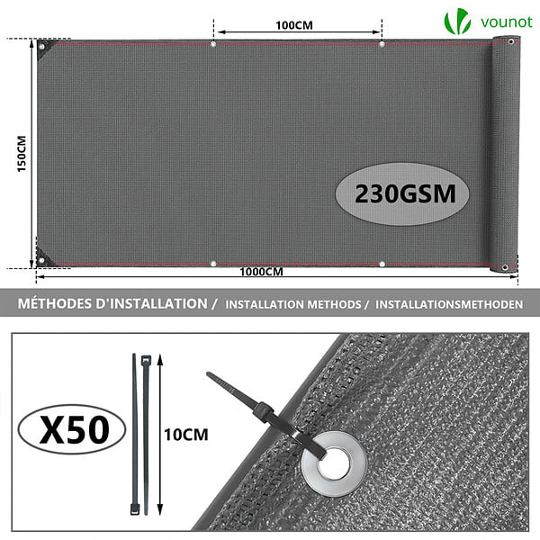 VOUNOT - Brise vue occultant en HDPE 230g/m² 1.5x10m avec attaches de fixation gris - large