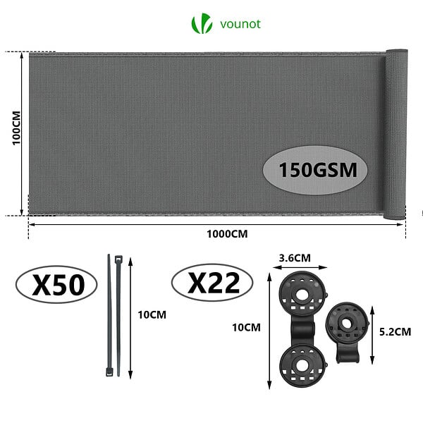 VOUNOT - Brise vue occultant en HDPE 150g/m² 1x10m avec attaches de fixation gris - large
