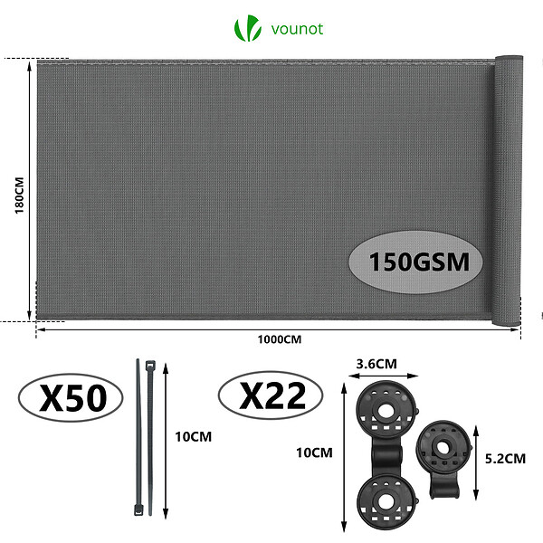 VOUNOT - Brise vue occultant en HDPE 150g/m² 1.8x10m avec attaches de fixation gris - large