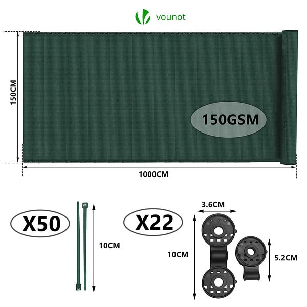 VOUNOT - Brise vue occultant en HDPE 150g/m² 1.5x10m avec attaches de fixation vert - large