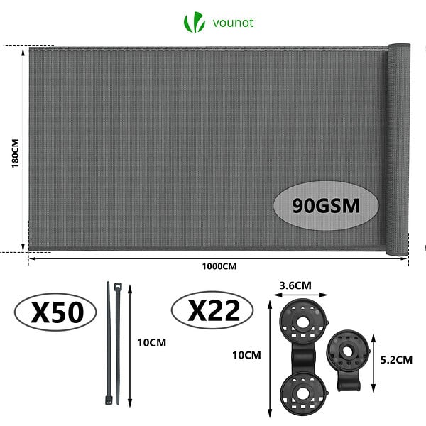VOUNOT - Brise vue occultant en HDPE 90g/m² 1.8x10m avec attaches de fixation gris - large
