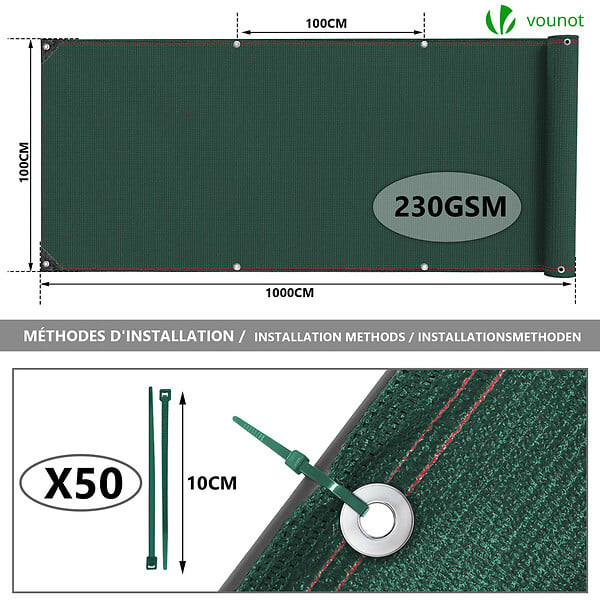 VOUNOT - Brise vue occultant en HDPE 230g/m² 1x10m avec attaches de fixation vert - large