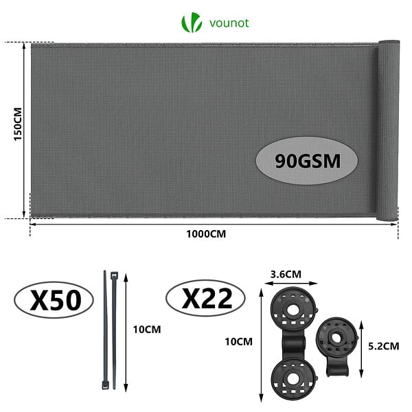 VOUNOT - Brise vue occultant en HDPE 90g/m² 1.5x10m avec attaches de fixation gris - large