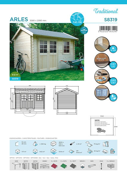 SOLID - Abri de jardin en bois Arles - L.358xH.246xP.238cm - large