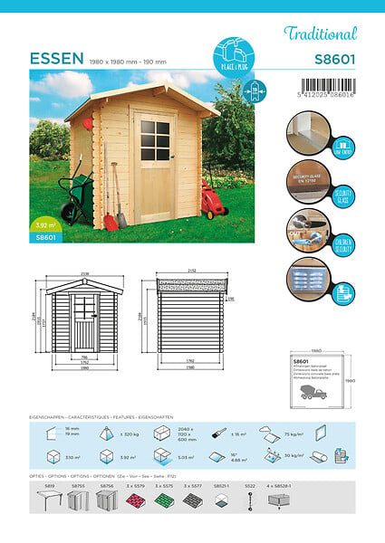 SOLID - Abri de jardin en bois Essen - Bois naturel - L.198xP.198cm - large