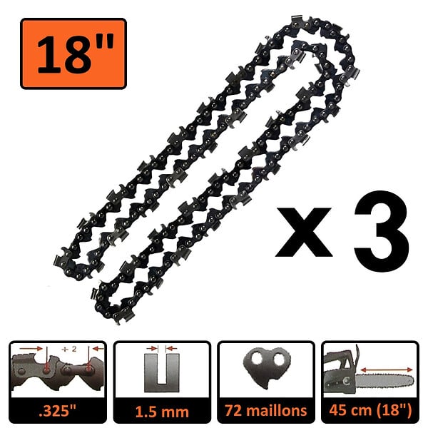 GT GARDEN - Guide 18 pouces (45 cm) avec lot de 3 chaînes 72 maillons pour tronçonneuse - large