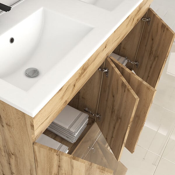 AURLANE - Meuble de salle de bains 120cm 4 Portes_Chêne Naturel + Vasque céramique blanche - TIMBER 120 - large