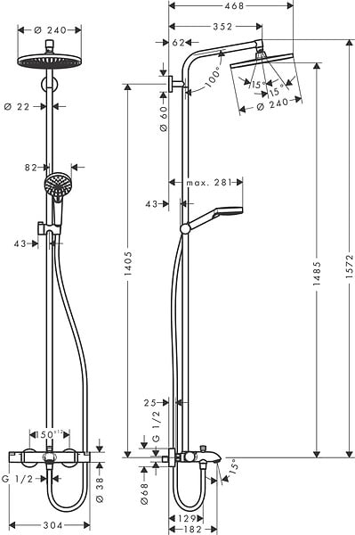 HANSGROHE - Colonne de douche avec mitigeur thermostatique bain/douche Showerpipe CROMETTA S240 - Chromé - large