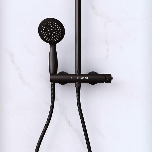 AURLANE - Paroi de Douche 120 cm Sérigraphie Noire et Receveur Blanc 80x120 + Colonne de Douche Mécanique - large