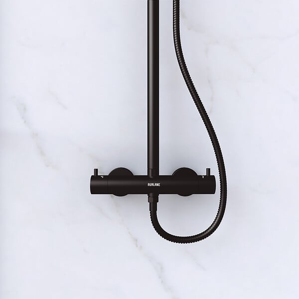 AURLANE - Paroi de Douche 120 cm Sérigraphie Noire et Receveur Blanc 80x120 + Colonne de Douche Thermostatique - large