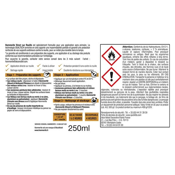 HAMMERITE - Peinture fer antirouille - Direct sur Rouille - Blanc 0,25L - large