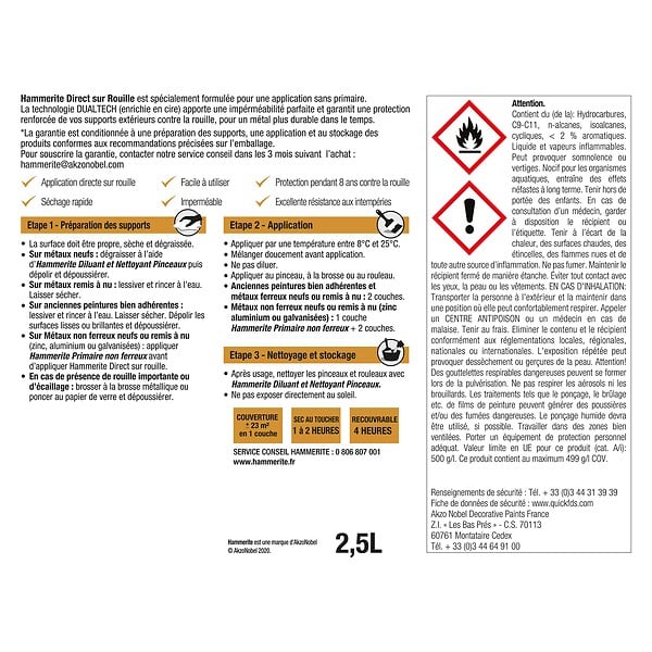 HAMMERITE - Peinture directe sur rouille - Noir - Brillant 2,5L - large
