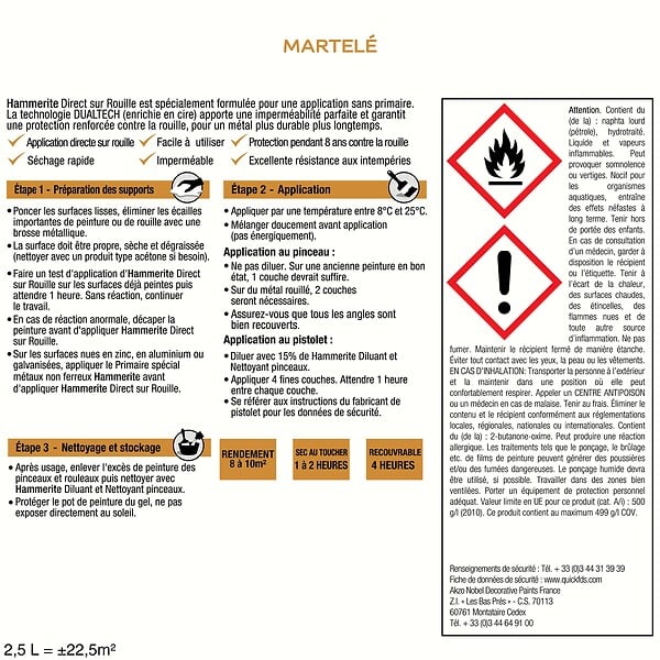 HAMMERITE - Peinture fer Direct sur Rouille Martelée - Châtaigne - 0,25L - large