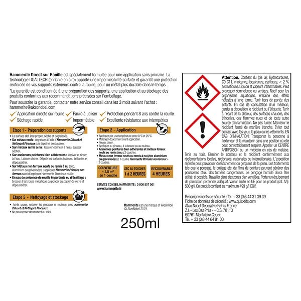 HAMMERITE - Peinture fer Direct sur Rouille Noir 0,25L - large