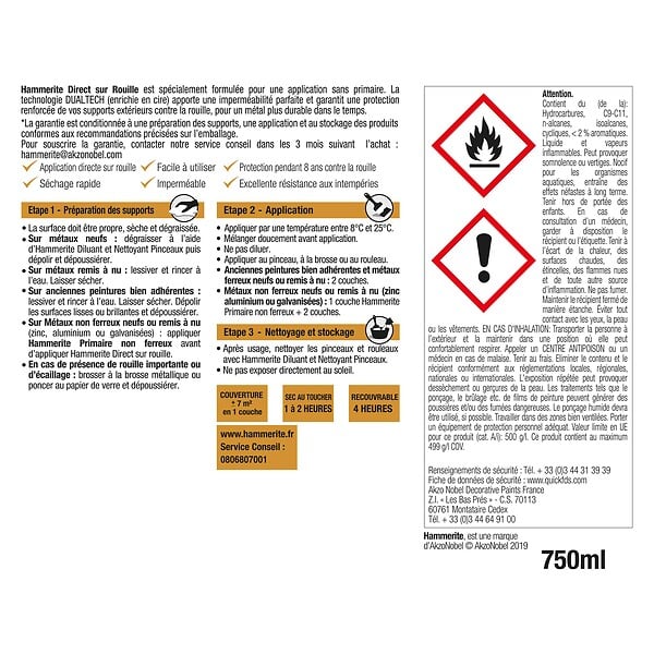 HAMMERITE - Peinture antirouille Direct sur Rouille - Noir - 0,75L - large