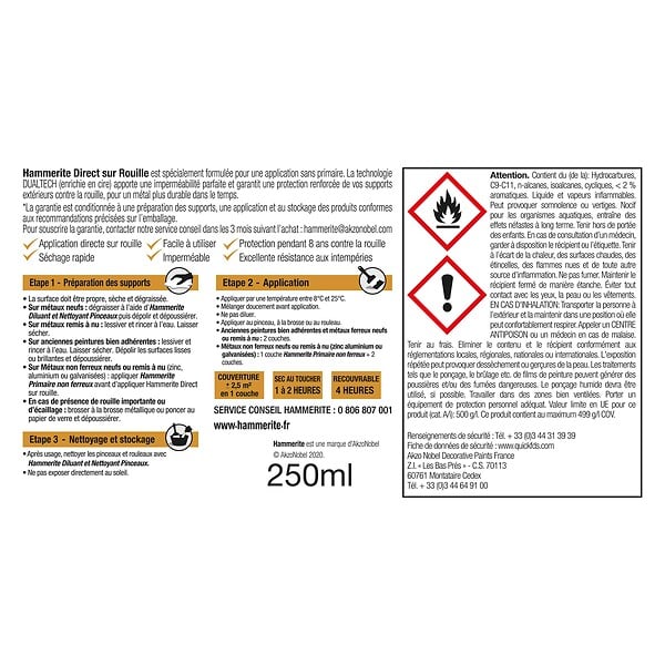 HAMMERITE - Peinture fer Direct sur Rouille Satin Noir - 0,25L - large
