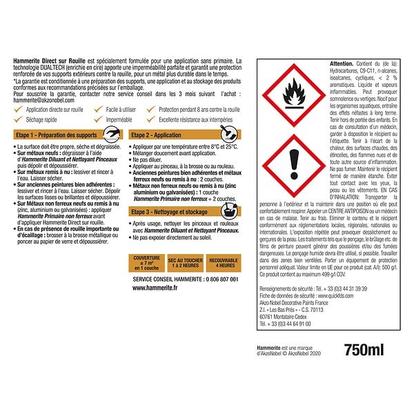 HAMMERITE - Peinture antirouille - Direct sur rouille - Noir - 0,75L - large