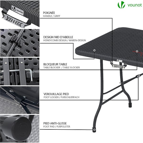 VOUNOT - Table de camping pique nique pliable 180cm HDPE polyrotin noire - large