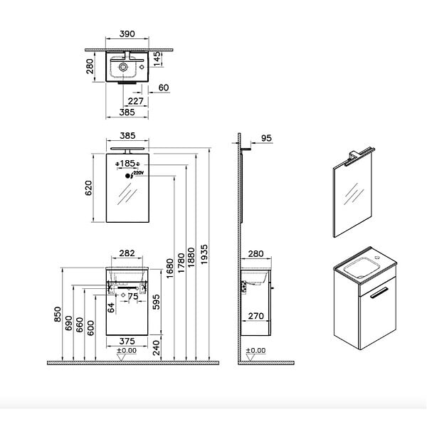 VITRA - Vitra  Lot de 4 Meubles Mia  39x61x28 cm pour salle de bain avec miroir, lavabo et éclairage LED, Cordoba (MIASET40C-GVP04) - large
