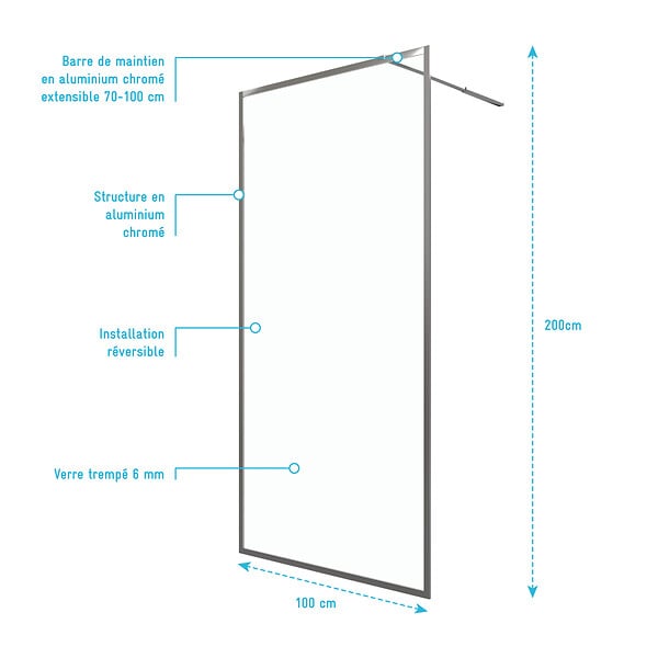AURLANE - Paroi de Douche 100x200 cm - Cadre et Bras Aluminium Chrome - CHROMED CONTOURING - large
