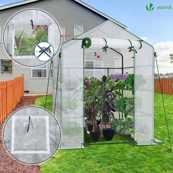 VOUNOT - Serre de jardin avec etageres et bache PE renforcee 135g/m2 143x143x195cm - large