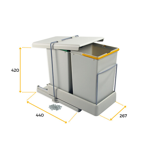 EMUCA - Poubelle de recyclage pour montage inférieur et extraction automatique dans l'élément de cuisine 2x14litres, Plastique gris - large