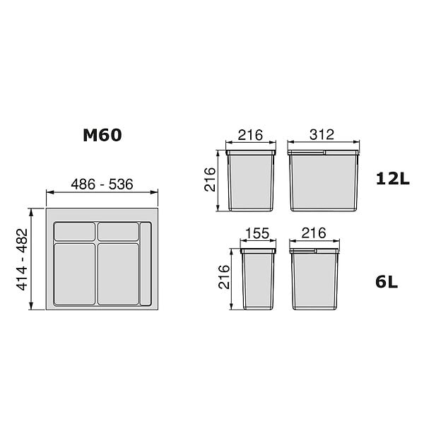 EMUCA - Kit poubelle de tri sélectif pour tiroir de cuisine avec socle Recycle hauteur 216mm, 1x12litres, 2x6litres, module 600mm, Plastique gris anthracite - large