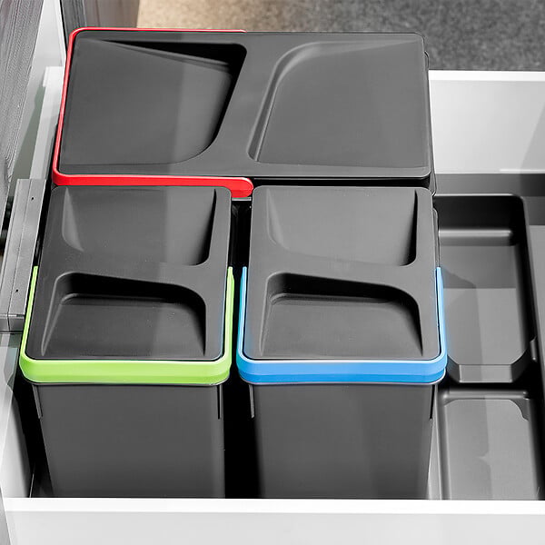 EMUCA - Kit poubelle de tri sélectif pour tiroir de cuisine avec socle Recycle hauteur 216mm, 1x12litres, 2x6litres, module 600mm, Plastique gris anthracite - large