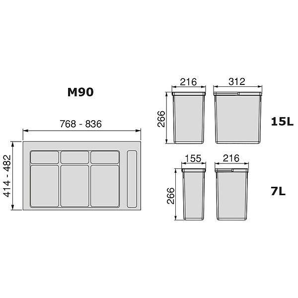 EMUCA - Kit poubelle de tri sélectif pour tiroir de cuisine avec socle Recycle hauteur 266mm, 2x15litres, 2x7litres, module 900mm, Plastique Gris antracite - large