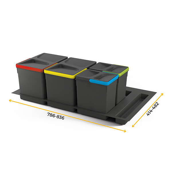 EMUCA - Kit poubelle de tri sélectif pour tiroir de cuisine avec socle Recycle hauteur 266mm, 2x15litres, 2x7litres, module 900mm, Plastique Gris antracite - large