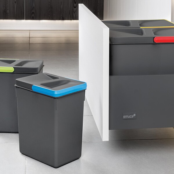 EMUCA - Kit poubelle de tri sélectif pour tiroir de cuisine avec socle Recycle hauteur 266mm, 2x15litres, 2x7litres, module 900mm, Plastique Gris antracite - large