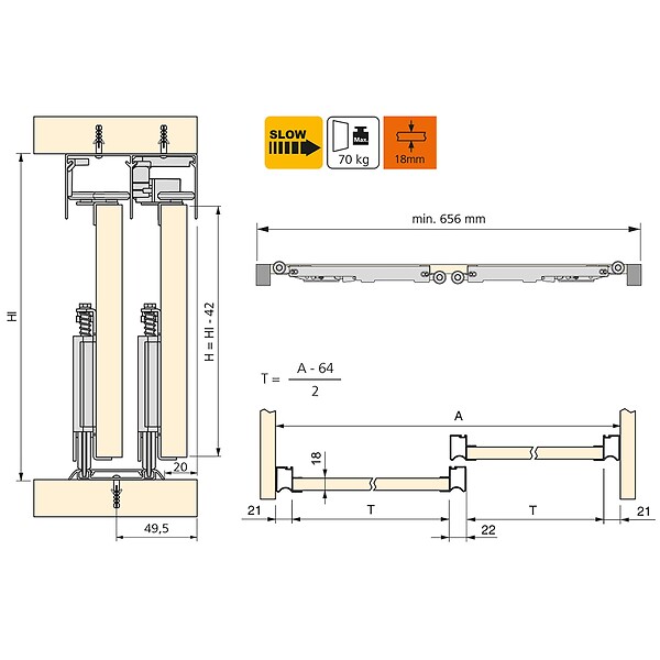 EMUCA - Kit de ferrures pour Placard 81 2 coulissants et fermeture souple, profilé Wave, épaisseur 18mm, panneaux non inclus, Anodisé mat - large