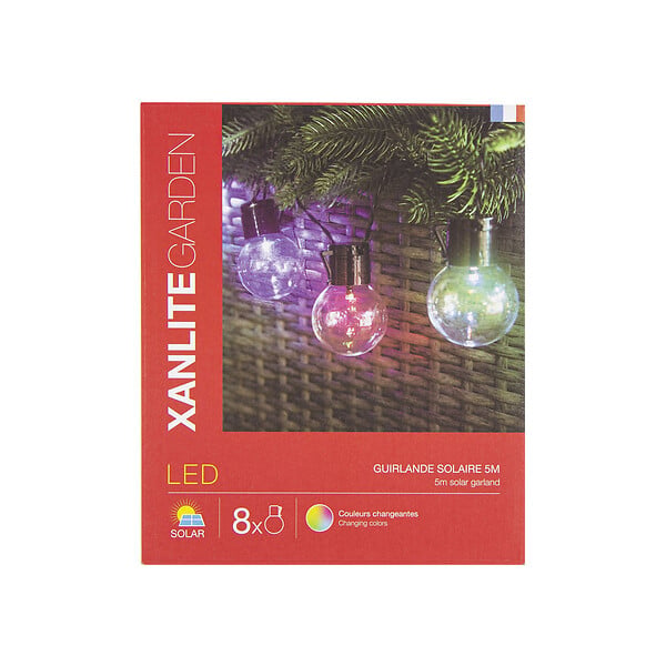 XANLITE - Guirlande solaire LED style guinguette 5 m - 8 ampoules RVB - large