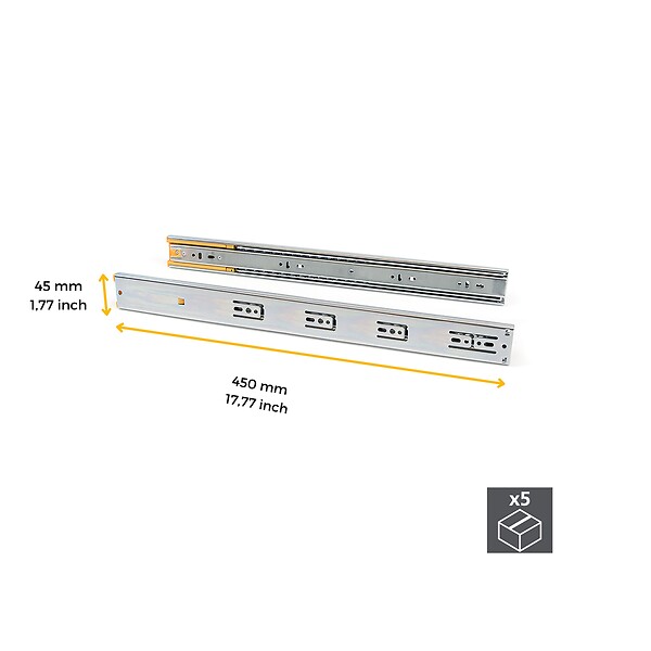 EMUCA - Lot de 5 paires de coulisses pour tiroirs - à billes - 45 x 450 mm - Fermeture amortie - Zingué - large
