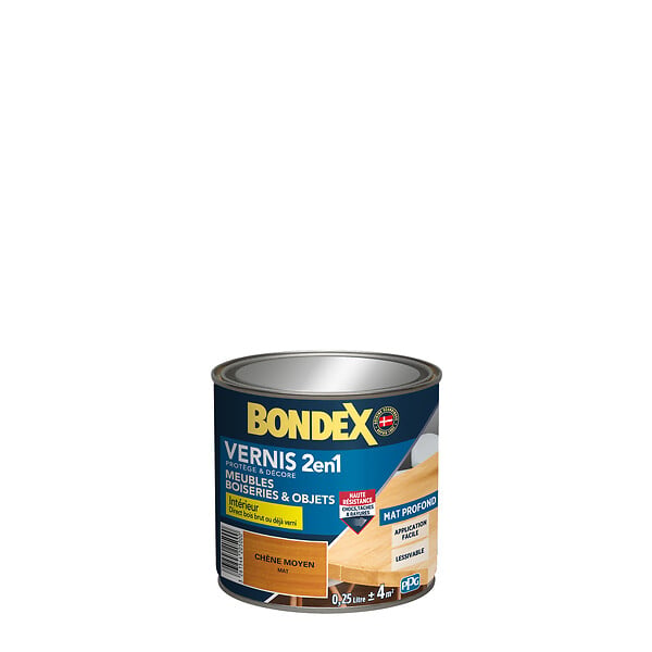BONDEX - Vernis 2 en 1 Chêne moyen - Mat - 0.25 L - large