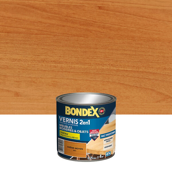 BONDEX - Vernis 2 en 1 Chêne moyen - Mat - 0.25 L - large
