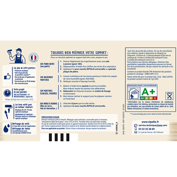 RIPOLIN - Peinture Acrylique RIPOLIN Esprit Déco Mono Satin Blanc casse 0,5L - large